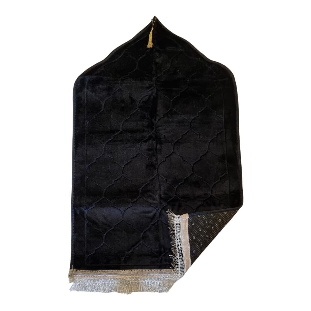 Muslim Premium Prayer Mat | 70 x 110 cm | Non Slip Bottom | Smooth Velvet Texture | Thick Padding | By TOKO's (Black, Type 1)