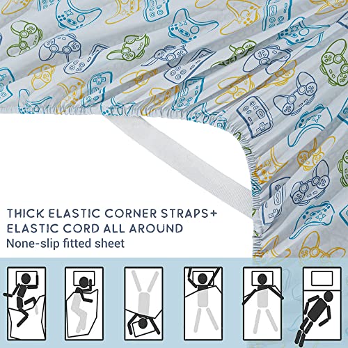 Image of Viviland 3 Pieces Boys Grey Twin Sheet Set - Soft Microfiber Fitted Flat Sheets & Pillowcase - Game Player Paddle Printed Bedding Sets - for Kids & Toddlers