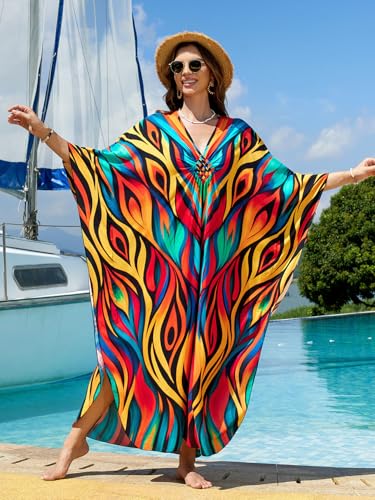 Image of IMAGEKOPE Women's Plus Size Animal Print V-Neck Batwing Kaftan Beach Dress Bathing Suit Cover-Up Loungewear