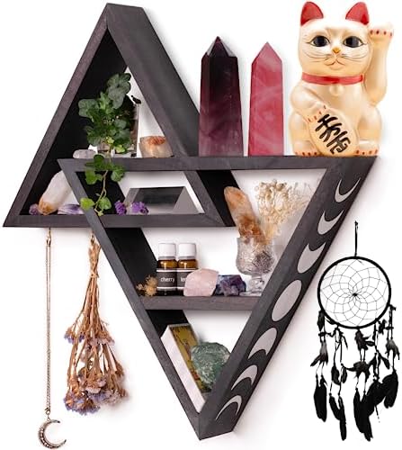 Triangle Shelf with Necklace Holder -20.4" Large Crystal Shelf Display, Moon Shelf Crystal Holder, Gothic Room Decor Crystal Display Shelf, Grunge Room Decor Witchy Shelves with Dream Catchers - Black