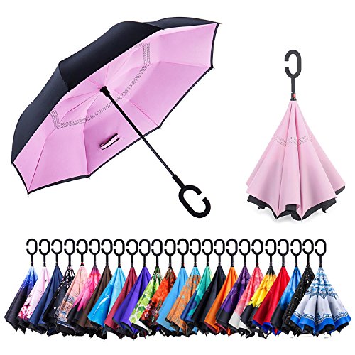 Newsight Reverse Umbrella, Double Layer Inverted Umbrella Upside Down, Self Stand, C Shape Handle, Inverse Inside Out Folding for Car, Windproof, Waterproof, Sun Protective (Pink)