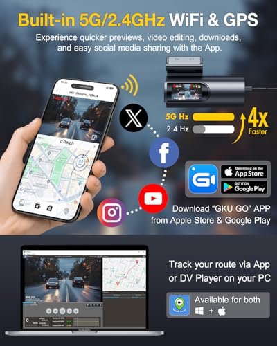GKU 4K Dash Cam Front and Rear, 5GHz WiFi GPS, Dual Car Camera, 1.5” IPS Mini Dashcam for Cars with 64GB SD Card, 24H Parking Mode, Night Vision, WDR, 170° Wide Angle, G-Sensor, App Control, Max 256GB - Image 2