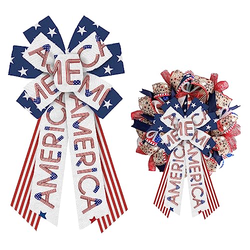 ALIBBON Large Patriotic Bows for Wreath, 4th of July Wreath Bows, America Stars and Stripes Wreath Bows for Front Door, 4th of July Decor, Labor Day Burlap Bows for Wreath Indoor Outdoor Decor