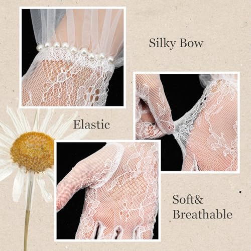 Short Lace Mesh Gloves Tulle Border with Pearls Elegant Courtesy Costumes Dressy Gloves for Ladies Women Formal Wedding Opera Dinner Tea Party3