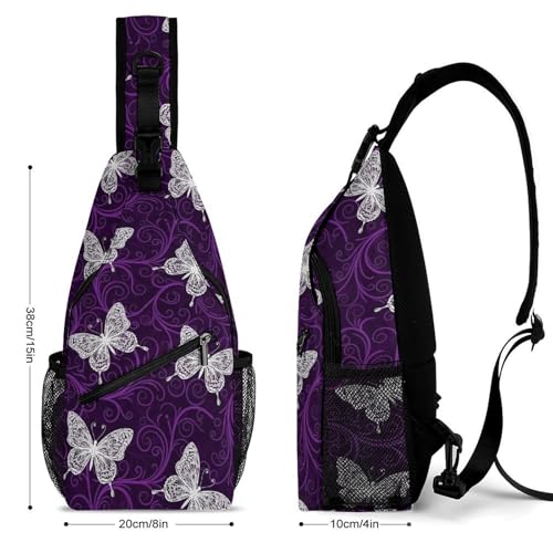 Fashion Traveling Running Casual Chest Bag, Dress Decor Sling Backpack, Shoulder Bag Casual Day Pack Purple Butterflies2