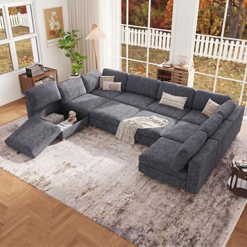 Image of 157 inch Modular Sectional Sleeper Sofa, 10 Seaters Chenille Modular Sectional Sofas, Sleeper Sofa Bed with Storage & Ottoman, Sleeper Couch with Removable Covers, Grey Sectional Couches for Living Room