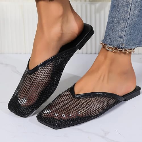 Women's Fashion Outdoor Mesh Breathable Comfort Square Toe Flat Non-slip Slippers Casual Flat Slippers For Women3