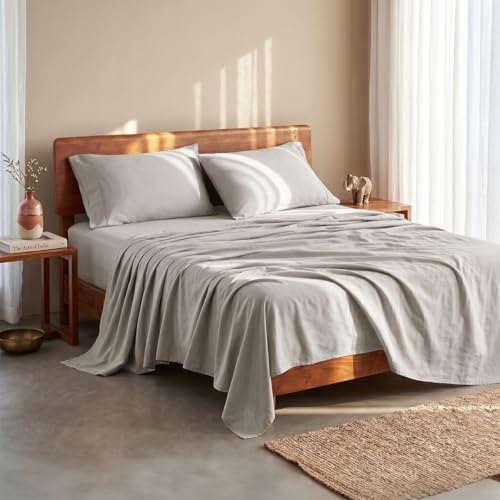 Image of LANE LINEN 100% Organic Cotton Bedsheet for Double Bed Queen Size - Silver | GOTS Certified, Percale Weave, 90x100 inches, Soft & Breathable, Machine Washable, Includes 2 Pillow Covers