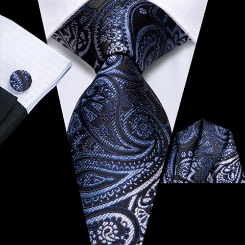 Image of Hi-Tie Men Silk Ties Set with Flower Lapel Pin Necktie Pocket Square Cufflinks for Tuxedo Wedding Business