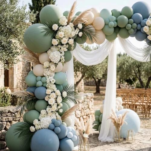 Image of Dusty Blue Green Balloon Garland Arch Kit Double Stuffed Avocado Green Balloons Thick Latex White Sand Pastel Blue Balloons Kit For Jungle Safari Neutral Birthday Baby Shower Party Deocrations