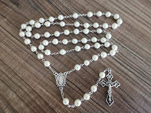 Rnivida Catholic Pearl Beads Rosary Necklace Metal Beaded Miraculous Medal & Cross Rosary for Women4