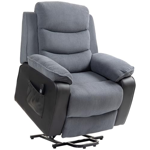 HOMCOM Sillón Relax Reclinable Eléctrico Levanta Personas, Sillón Elevador, con Puerto USB, Control Remoto, Reposapiés, Tapizado en Pana, Bolsillos Laterales, Gris Oscuro
