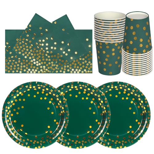 PYAILI Anniversaire Vaisselle de fete 72 Pièces Or Vert Foncé Party Assiettes en Papier Set Assiettes de Fête Jetables Papier Tasses Serviettesr, pour Barbecue les Fêtes les Pique-niques -24 Invités
