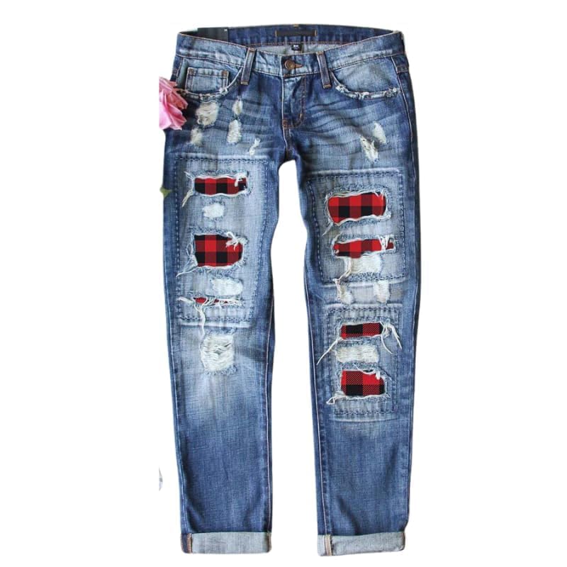 Ripped Boyfriend Jeans for Women Distressed Skinny Denim with Holes Plaid Patchwork Design Stretch Comfort Pants