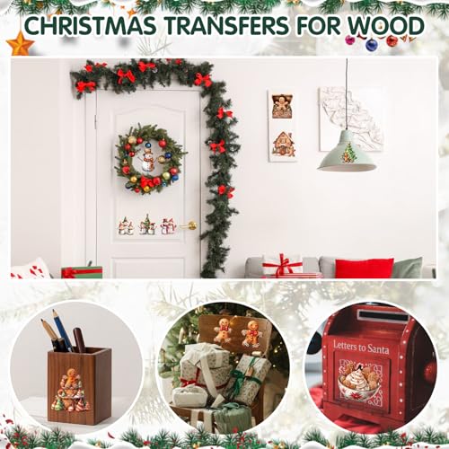 Image of ZMRU 24 Sheets Vintage Christmas Rub On Transfers for Crafts, Rub On Transfers Christmas for Wood Slices,Furniture Decals, Glass, Leather, Canvas, Fabric Projects,3 * 3inch(Gingerbread and Snowmen)