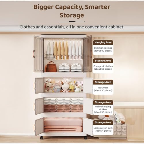 Image of EXVITO Modular Plastic Wardrobe for Bedroom | 2 Tier+1 Bins Foldable Cupboard with Hanging Rod | Stackable Storage Almirah for Clothes with Wheels | Multi-Layer Plastic Storage Cabinet - White