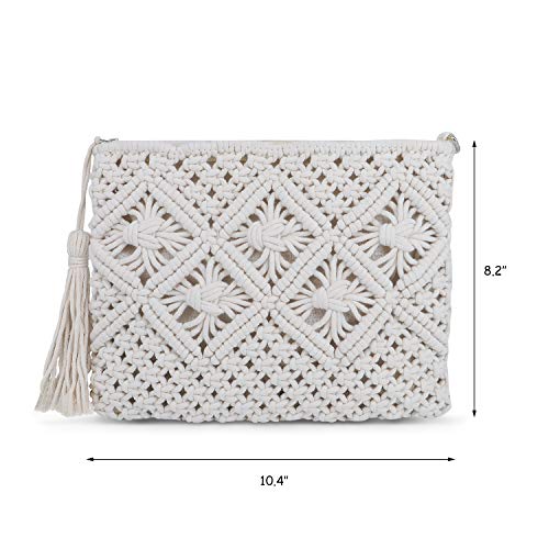 QTKJ Women's Summer Beach Straw Crochet Clutch Bag Woven Envelope Tassel Bag with Zipper (White)