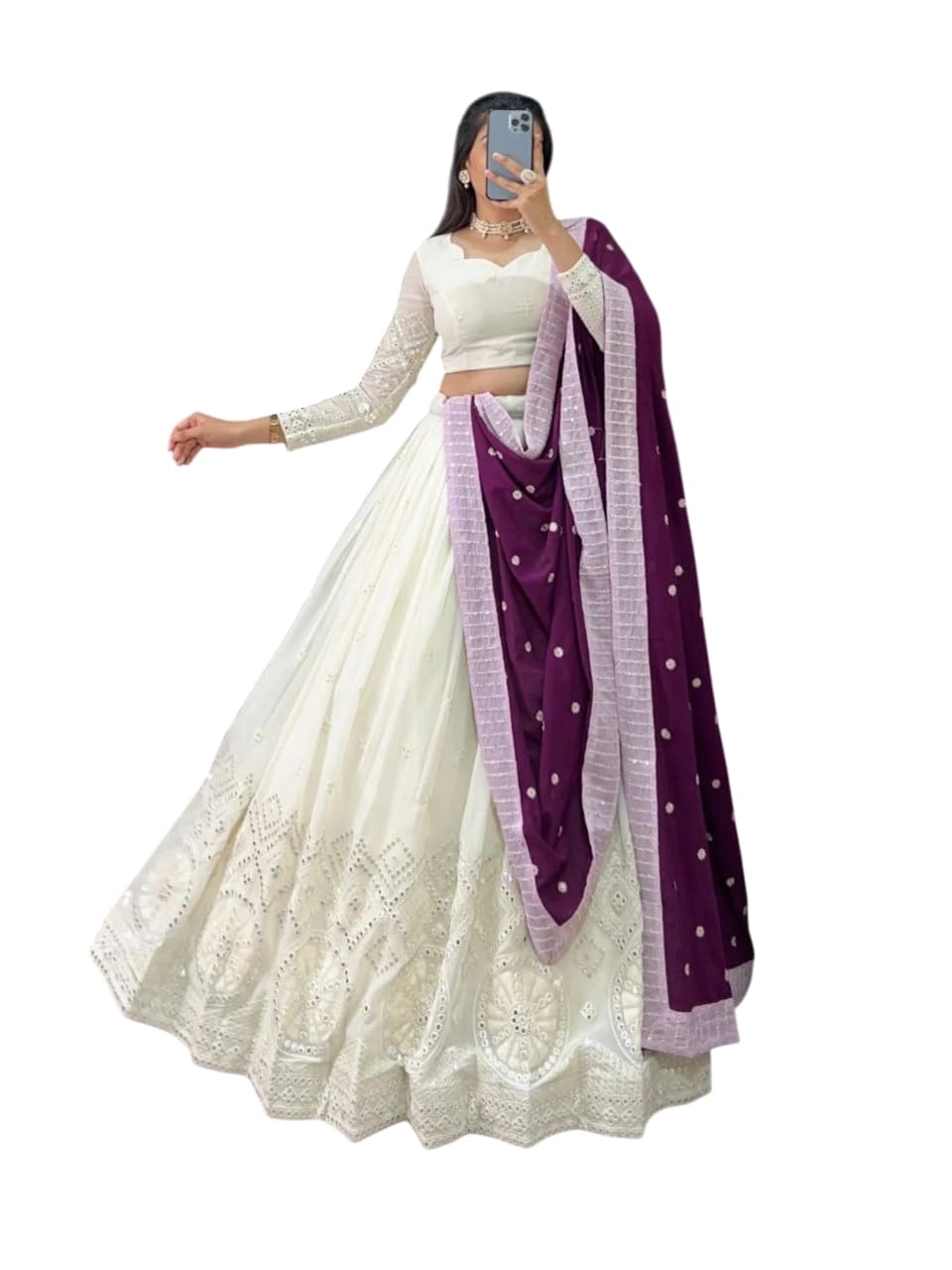 Women's White Color Navratri Special Georgette Mirror Work Lehenga Choli-image-11