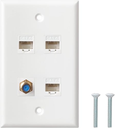 Vista 23 de Placa de pared coaxial Ethernet, 2 puertos Cat6 Keystone hembra a hembra, 1 puerto tipo F conector coaxial Keystone placa de pared - Blanco