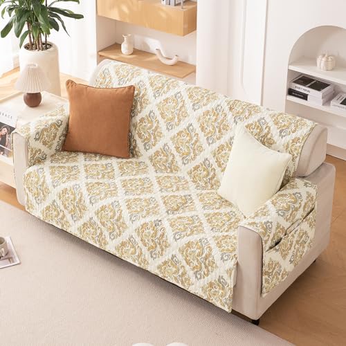 Image of HOKIPO 'VivaCasa Series' Polyester 2 Seater Quilted Sofa Cover with Pockets, Damask Beige (IN-739-D4)