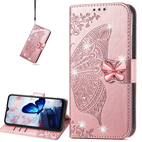 Ccsmall For Oneplus Nord N300 5G Wallet Case For Women Girls, Shiny Butterfly Flower Pu Leather Cover With Card Slot Holder Flip Phone Case For Oneplus Nord N300 5G Rhinestone Rose Gold #TOP11
