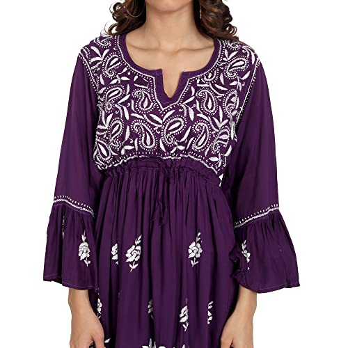 Image of indiankala4u Lucknow Chikankari Hand Embroidered Fit and Flared Top, Short Kurti for Women, Modal Cotton