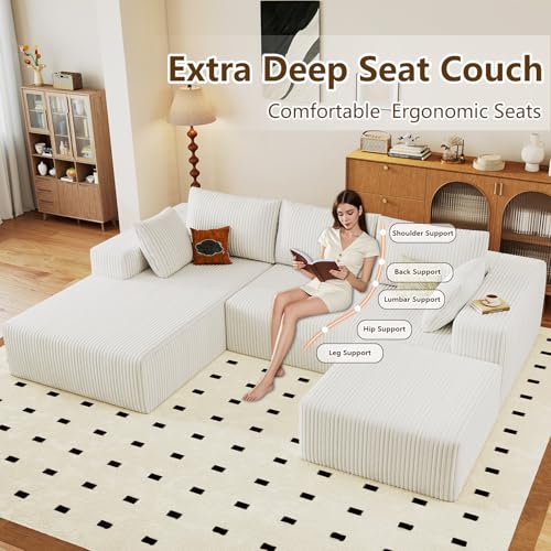 Image of 96 inch U-Shape Cloud Couch, Modern Modular Sectional L-Shape Sofa with Ottoman, Corduroy Upholstered Couches Deep Seat Sleeper Chaise Longue for Living Room, No Assembly Required(White, Left Facing)