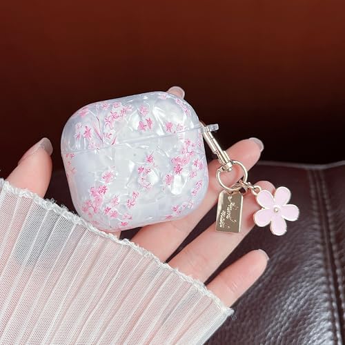 Image of MINSCOSE for Girly Glitter AirPods 4 Clear Case,Cute Shell Pattern Flower Design with Trendy Floral Keychain,Soft TPU Protective Cover with Cleaner Kit for AirPods 4th Generation-Pink