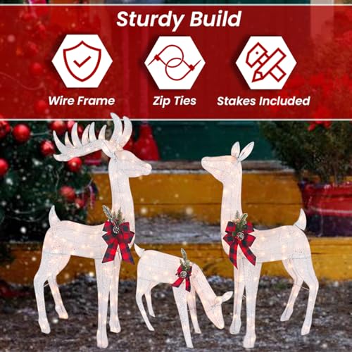3-Piece White Fabric Reindeer Family - Lighted Deer Set - 210 Lights 52" Buck 44" Doe 28" Fawn - Large Deer Family for Indoor or Outdoor Christmas Decorations Yard Art