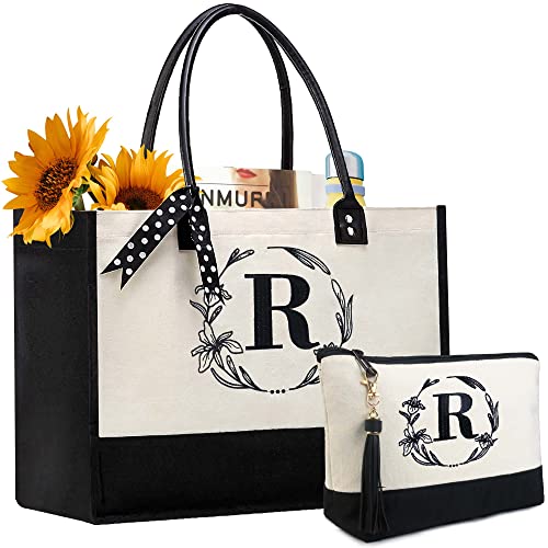 Image of BeeGreen Embroidery Monogram Initial Tote Bag for Women Teacher Mom Friend Personalized Gift for Birthday Beach Work Wedding