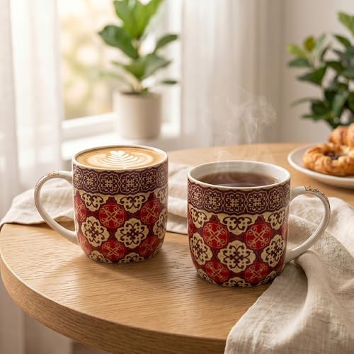 Image of UPC Coffee Mug Set of 6 | Red Mughal Tile Print | Maroon & Golden Floral Medallion Pattern | Bone China Tea & Coffee Cups | Microwave Safe | Home & Kitchen