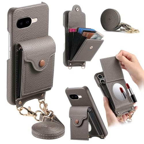 Coque pour Google Pixel 8 étui portefeuille gris clair housse avec fentes cartes et cordon cou