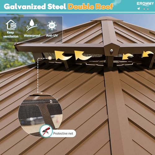 EROMMY 12' x 12' Hardtop Gazebo, Aluminum Frame Gazebos with Galvanized Steel Double Roof, Permanent Outdoor Metal Pavilion with Curtain and Netting for Patio, Lawn, Deck - Image 3