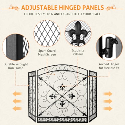 Image of WICHEMI 3 Panel Fireplace Screen for Fireplace Cover Fireplace Screens Stand Alone 52.4 x 31inch Wrought Iron Black Metal Spark Guard Fireguards Mesh Cover Fence Fire Place Standing Gate (Style 3)