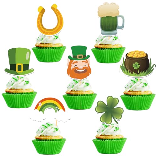 24 Pièces Saint Patrick Decoration Cupcake Topper, Deco Gâteau de St Patrick, Bonne Fête de la Saint-Patrick Vert Décoration Topper Trèfles Pour Fête de la Saint Patrick (Mix 2)