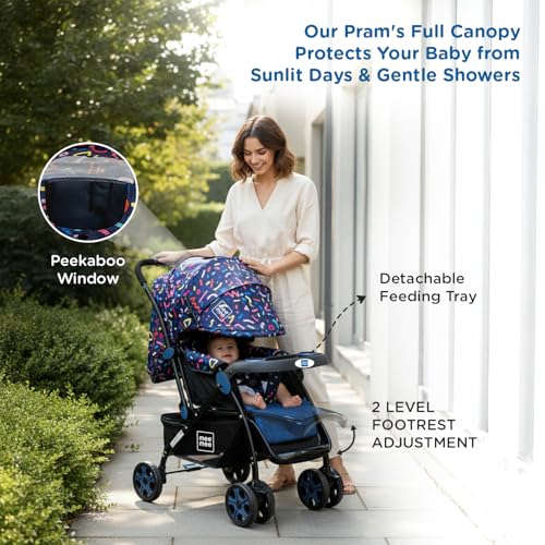 Image of Mee Mee Cozy Cruise Baby Stroller /Pram (Blue Black) | Premium Foldable Pram with 5-Point Safety Harness, One-Hand Fold, Multi-Recline Cushioned Seat, Adjustable Canopy & 360 Wheels | 0-3 Yrs