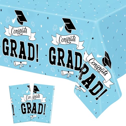 Image of 2Pcs Graduation Tablecloth, 108 inch X 54 inch Skyblue Graduation Table Decor 2026, Rectangle Table Covers for Class 2026 Congrats Grad, Disposable Plastic Tablecover for Grad Decor Party Supplies for Kids