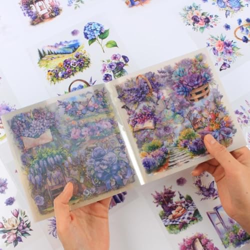 Image of HASTHIP 30-Page Purple Floral Sticker Book with Die Cut PET Waterproof Flower & Butterfly Stickers for Journaling, Scrapbooking, Garden Aesthetic Crafts, Planners, Bullet Diaries & DIY Art Projects