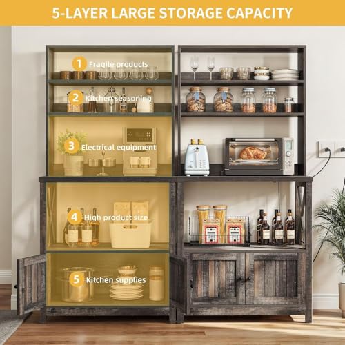 DWVO Baker Rack with Power Outlet and Storage, Farmhouse Microwave Stand with Door for Kitchen, 5-Tiers Tall Coffee Bar Station Cabinet Thickened Counter with Hutch Shelves, Black Oak