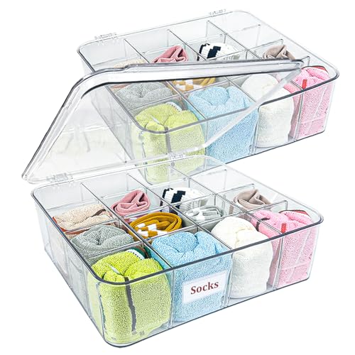 JDBZYDM 2 PCS Sock Underwear Organizer Clear Storage Containers 16 Cell Adjustable Dividers Plastic Drawer Organizer Box with Lids for Ties Bra Scarf (11.8×9.4×3.9