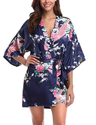 Migcaput Kimono Bata para Satin Mujer Sexy Bata dama de Honor Verano Corto Bata Novia Albornoces para Mujer Azul,M