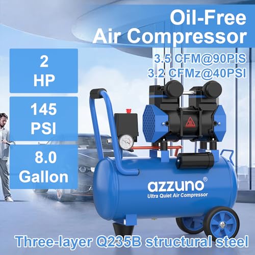 Image of AZZUNO 8 Gallon Air Compressor, 4.2CFM@90PSI Oil Free Air Compressor Tank & Max.145PSI Pressure, 70 dB Ultra Quiet Compressor for Auto Repair, Tire Inflation, Spray Painting, Woodwork Nailing