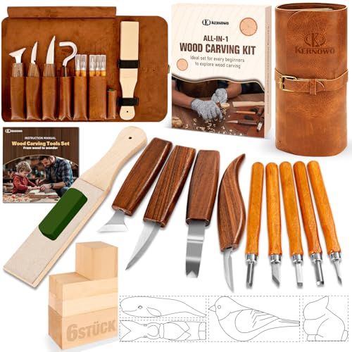 Holzschnitzwerkzeuge, 22-teiliges Holzschnitzerei-Set mit PU-Aufbewahrungstasche, mit 9 Schnitzmessern, schärfstein & PU-Tasche, Schnitzset zum Schnitzen für Anfänger