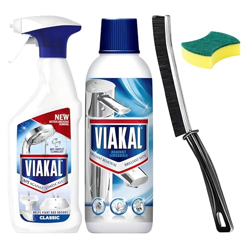 Complete Limescale Removing Bundle including Original Limescale Remover Spray 500ml Original Limescale Remover Cleaning Liquid Bottle 500ml Crevice Cleaning Brush and Scrub Sponge