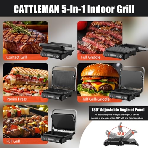 Image of CATTLEMAN Panini Grill Press Sandwich Maker with Removable Plates, 1600W, 5 in 1 Smokeless Indoor Grill & Griddle with Meat Thermometer, PFAS Free Ceramic Nonstick Reversible Plates, Opens Flat