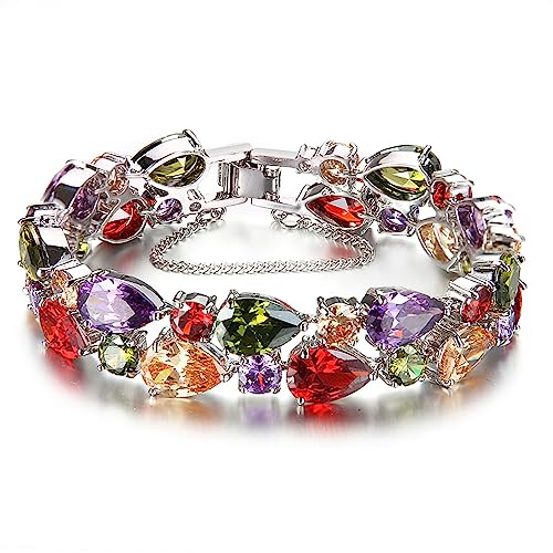 Multicolor Bracelets for Women,Cubic Zirconia Artificial Garnet Amethyst Peridot Links Bracelet Christmas Gift