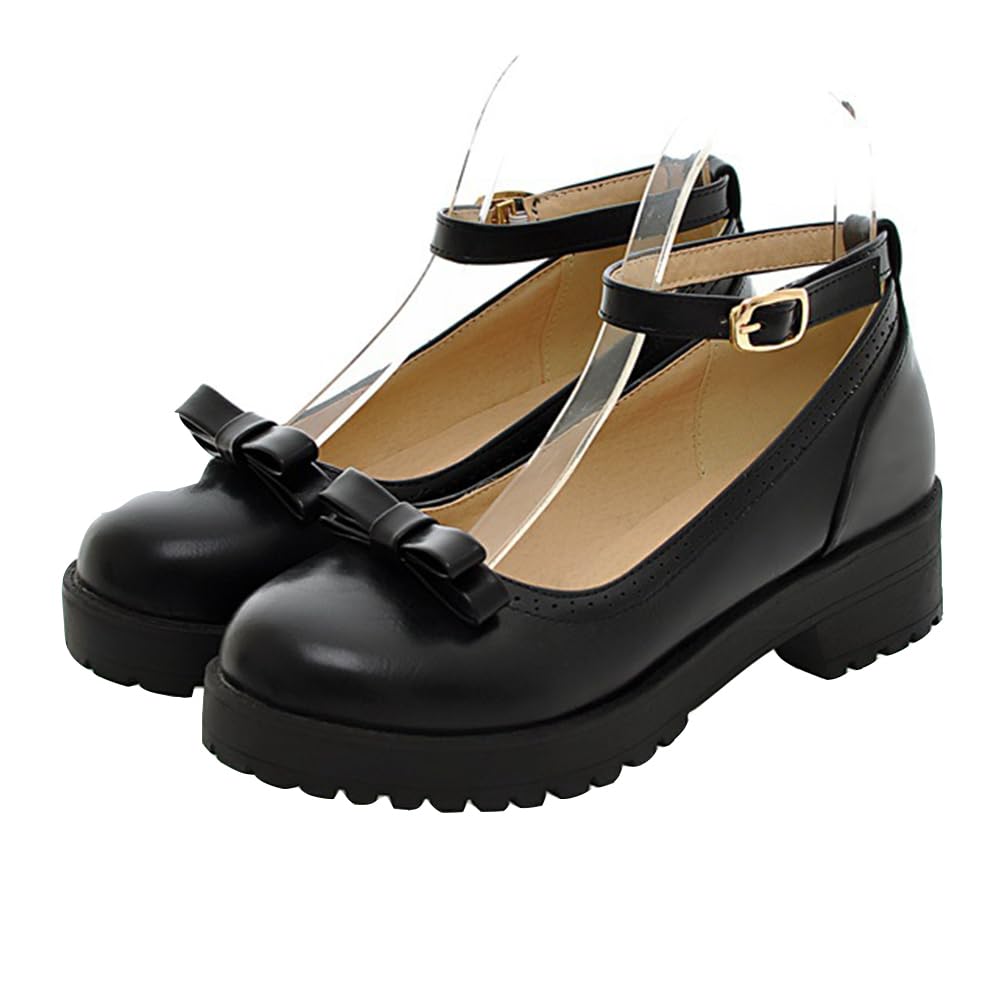 1 Pair Women Mary Janes Shoes Spring Summer Shoes Retro Leather Bow Buckle Strap Round Toe Casual Shoes Black