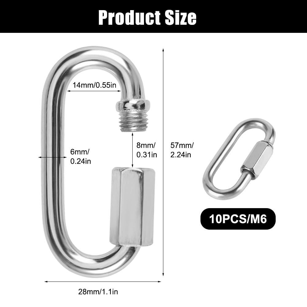 10 Pièces Maillon Rapide INOX M6, Mini Mousqueton à Vis, Mousqueton Verrouillage, Mousquetons avec Verrouillage à Vis, Mousquetons Escalade Ovale pour Camping, Randonnée, Pêche, Hamacs, Balançoires
