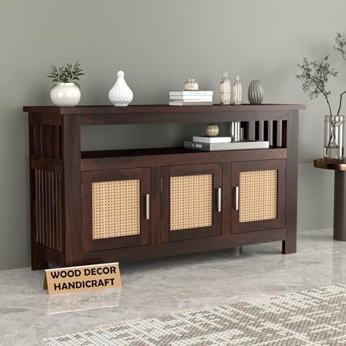 Image of Sheesham Wood Kitchen Cabinet with Cane Woven Doors | Solid Wood Storage Sideboard with Open Shelf & 3 Door Cabinet | Rosewood Storage Cabinet for Living Room (Walnut Finish)