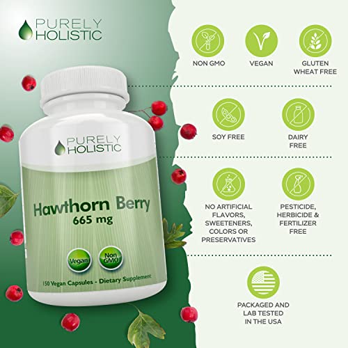 Purely Holistic Hawthorn Berry Capsules 665Mg - 150 Capsules - 5 Month Supply - High Strength 4:1 Hawthorn Extract - Non Gmo - Vegan Hawthorne Supplement - Supports Cardiovascular & Digestive Health #TOP6